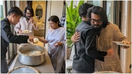 Japanese chef Takamasa Osawa serving biryani to Ram Charan and his family