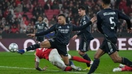 Real Madrid's Kylian Mbappe attempts a shoot at goal during a Champions League opening phase soccer match between Benfica and Real Madrid, in Lisbon. (AP Photo)