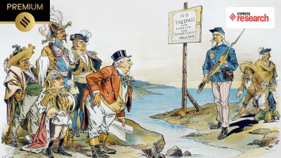 A 1896 political cartoon depicting Uncle Sam standing between the Europeans and Latin Americans (Wikipedia)