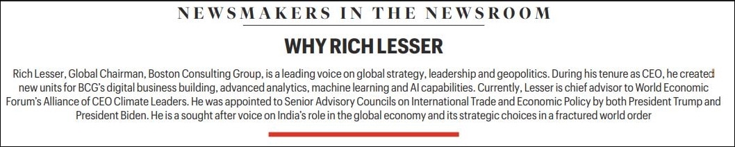 Richard Lesser at Idea Exchange: ‘It’s in India’s interest to be an innovator in the green economy space, China is already winning’