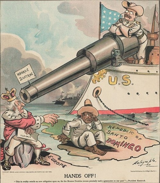 Political cartoon depicting Theodore Roosevelt using the Monroe Doctrine to keep European powers out (Wikipedia)