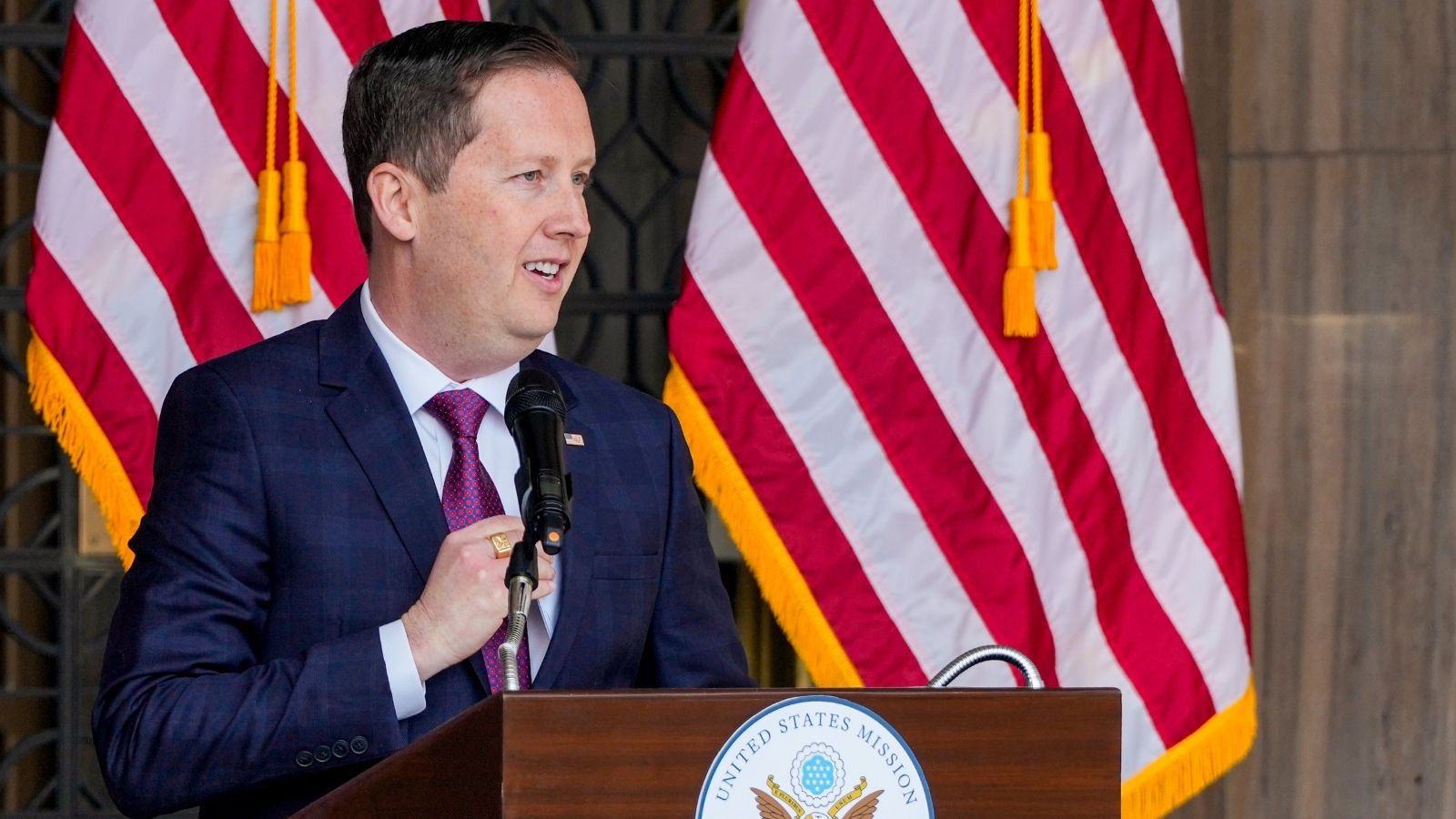 Newly appointed United States Ambassador to India Sergio Gor addresses the media upon his arrival at the US Embassy, in New Delhi, Monday, Jan. 12, 2026
