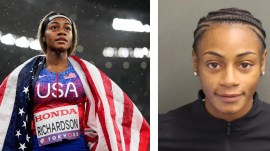 (LEFT) Sha'Carri Richardson looks on after winning the gold medal in the women's 4x100 meters relay at the World Athletics Championships in Tokyo; (RIGHT) Richardson's mugshot after her arrest. ( Photos: AP, Orange County Sheriff's Office)
