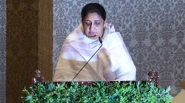 Sunetra Pawar takes oath as Maharashtra Deputy Chief Minister. (Express Photos/Akash Patil)