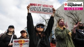 Demonstrators outside the UN Plaza rally against the U.S. bombing of Venezuela and seizure of President Nicolás Maduro in San Francisco on Saturday.