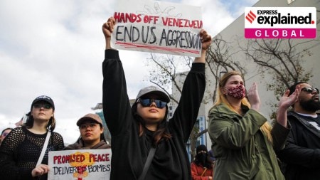 Demonstrators outside the UN Plaza rally against the U.S. bombing of Venezuela and seizure of President Nicolás Maduro in San Francisco on Saturday.