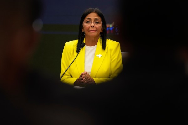 Venezuelan Vice President and Oil Minister Delcy Rodriguez gives a press conference at the Miraflores presidential palace in Caracas, Venezuela