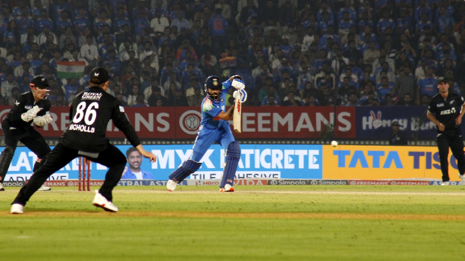  India's Virat Kohli plays a shot against New Zealand in the first ODI at Vadodara. (Express Photo by Bhupendra Rana)