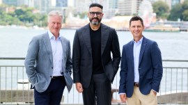 L-R: The co-founders of the European T20 Premier League - former Australian cricket captain Steve Waugh, Indian actor Abhishek Bachchan and former Australian hockey player Jamie Dwyer.