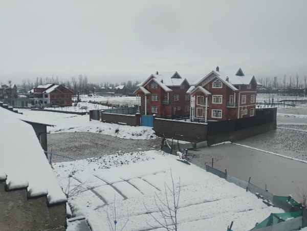 Image shows houses blanketed in snow