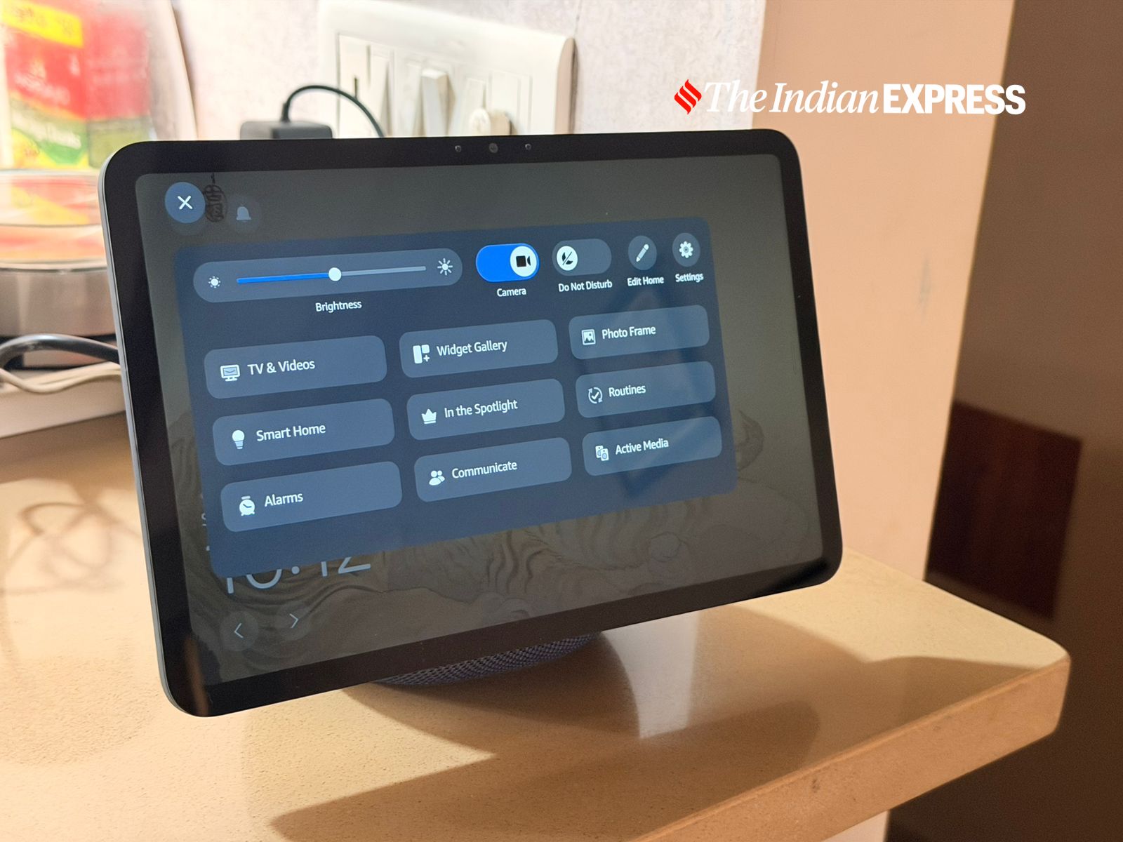 A swipe-down control panel on the Echo Show 11 offers quick access to brightness, camera controls, routines and smart home settings, making on-device navigation simple and responsive. (Image: Nandagopal Rajan/The Indian Express)