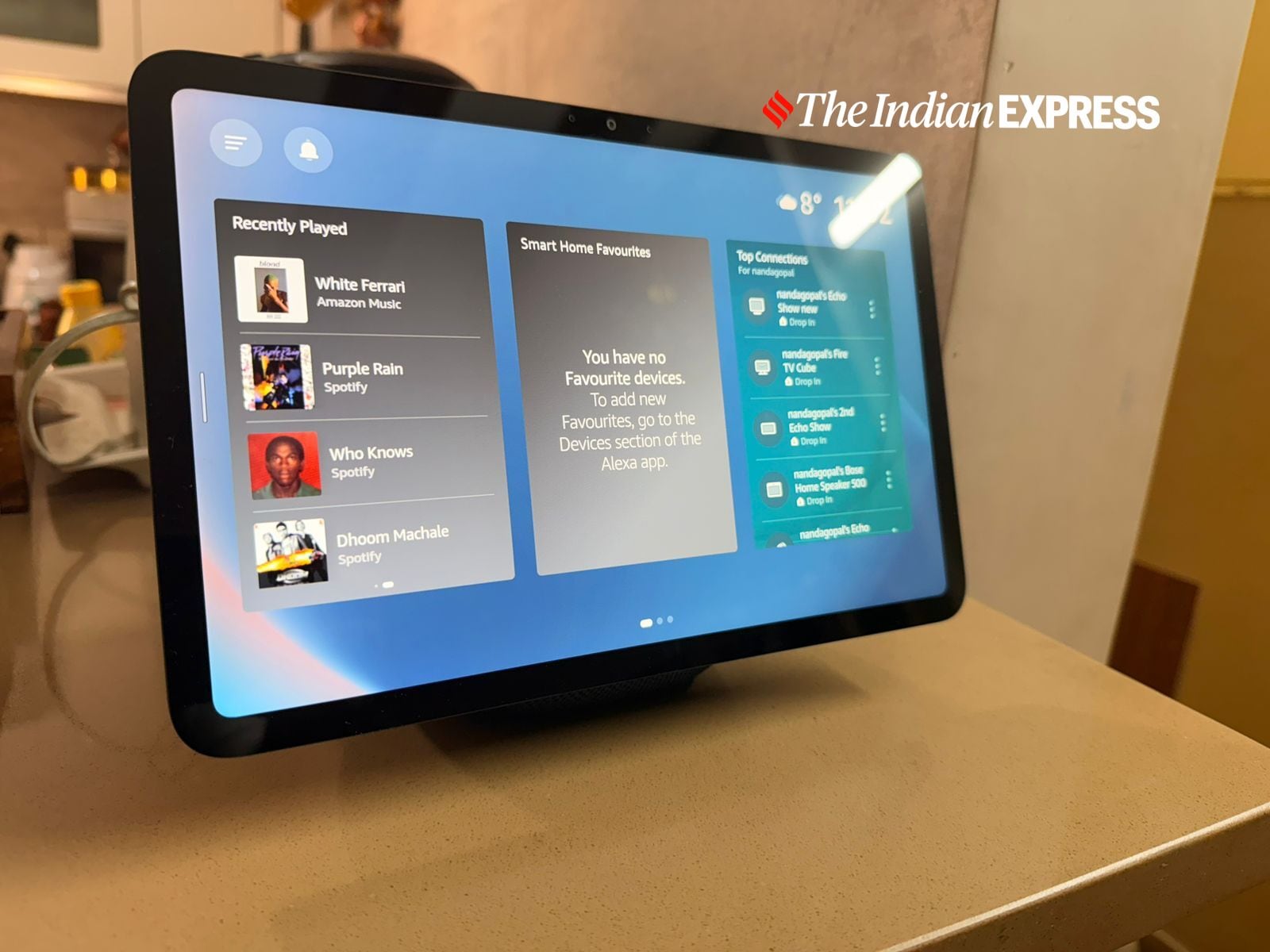 The Echo Show 11’s home screen surfaces recently played music, smart home shortcuts and widgets, reinforcing its role as a passive, always-on household companion. (Image: Nandagopal Rajan/The Indian Express)