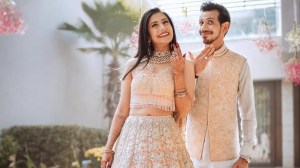Yuzvendra Chahal & Dhanashree Verma in Tarun Tahiliani for their engagement ceremony.