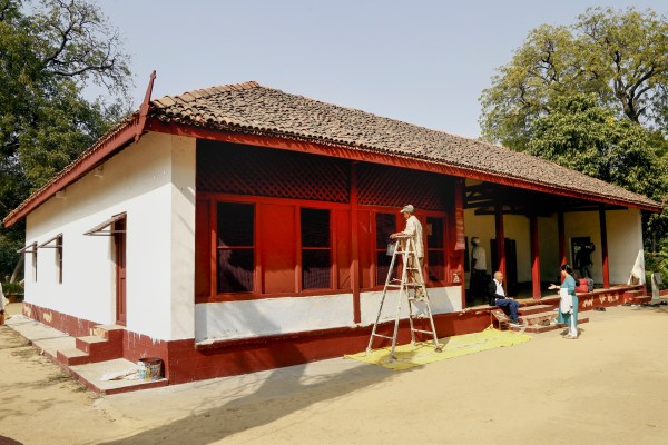 Workers during renovation work at Mahatma Gandhi Ashram ahead of Prime Minister Narendra Modi and German Chancellor Friedrich Merz's scheduled visit, in Ahmedabad, Wednesday, Jan. 7, 2026. (PTI Photo)