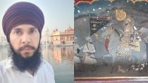 Balbinder Kumar, who has decided to keep unshorn hair as per the Sikh code for the duration of the work The fresco he is restoring, which is a replica of the first and the only "realist" painting of Guru Gobind Singh