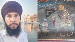 Balbinder Kumar, who has decided to keep unshorn hair as per the Sikh code for the duration of the work The fresco he is restoring, which is a replica of the first and the only "realist" painting of Guru Gobind Singh