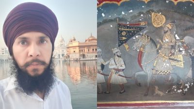 Balbinder Kumar, who has decided to keep unshorn hair as per the Sikh code for the duration of the work The fresco he is restoring, which is a replica of the first and the only "realist" painting of Guru Gobind Singh