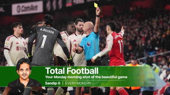 Football: Arsenal's Gabriel Martinelli shoved Liverpool’s Conor Bradley past the touchline so that the game could resume and the league leaders could press for the winning goal. (AP Photo)