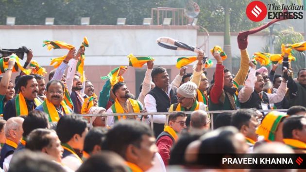 Party officials and workers witnessed the felicitation of Nitin Nabin