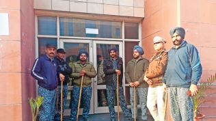 Police force at district court complex after bomb hoax call in Mohali on Thursday (Image by Jasbir Malhi)