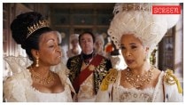 Adjoa Andoh as Lady Danbury and Golda Rosheuvel as Queen Charlotte in Bridgerton.
