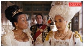 Adjoa Andoh as Lady Danbury and Golda Rosheuvel as Queen Charlotte in Bridgerton.