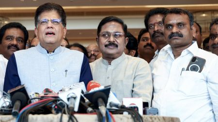 Union Minister Piyush Goyal addresses a press conference, in Chennai on Wednesday. Amma Makkal Munnetra Kazhagam (AMMK) General Secretary TTV Dhinakaran and AIADMK General Secretary Edappadi Palaniswami also present. (ANI Photo)