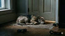 A pet dog sleeping on the floor near a door at night