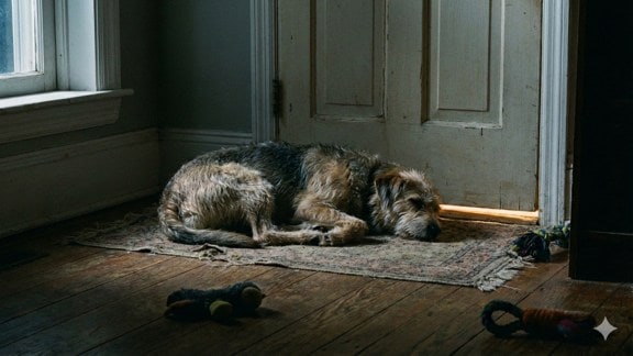 A pet dog sleeping on the floor near a door at night