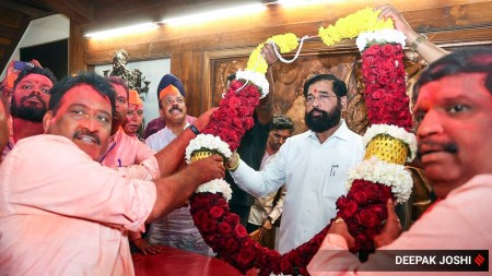 Maharashtra Deputy Chief Minister Eknath Shinde being garlanded after Bharatiya Janata Party wins the Municipal Corporation elections