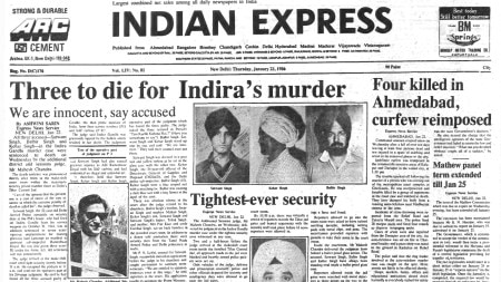 This is the front page of The Indian Express published on January 23, 1986.