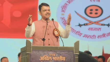 CM Fadnavis addresses the 99th Akhil Bharatiya Marathi Sahitya Sammelan in Satara on Friday. Express photo by Narendra vaskar
