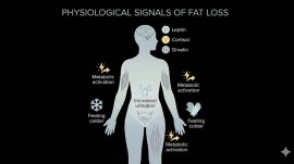 A clean medical-style illustration showing a human silhouette with subtle icons representing fat loss signals