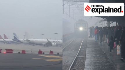 Planes parked at the Delhi airport; and (right) a train enters Jalandhar station on Wednesday. Photos: ANI