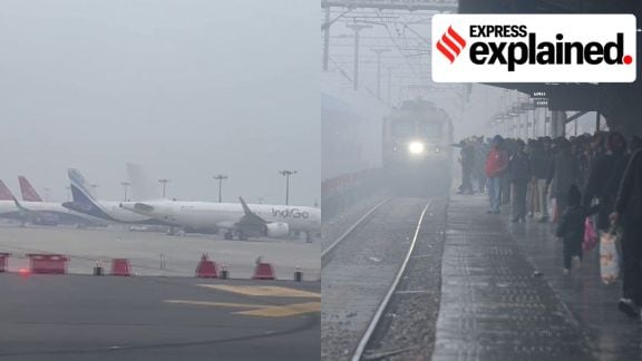 Planes parked at the Delhi airport; and (right) a train enters Jalandhar station on Wednesday. Photos: ANI