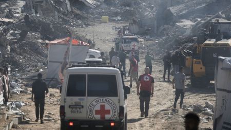 A yellow block demarcating the "Yellow Line," which has separated the Gaza Strip's Israeli-held and Palestinian zones since the October ceasefire, is visible in Jabalia, northern Gaza Strip during searching for the remains of hostages, Monday, Dec. 1, 2025. AP/PTI(AP01_18_2026_000056B)