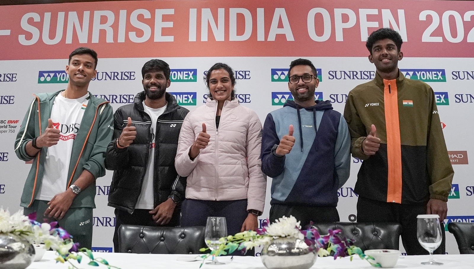 (From left to right) Chirag Shetty, Satwiksairaj Rankireddy, PV Sindhu, HS Prannoy and Ayush Shetty at the pre-tournament press conference. (BAI Photo)
