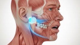 A realistic medical illustration of a human face and jaw in side profile. The mouth is slightly open and appears stuck, with visible tension in the jaw muscles.