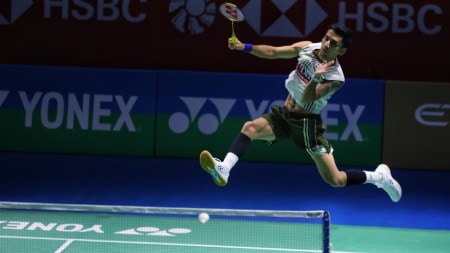 Lakshya Sen in action at the India Open 750 badminton tournament. (Express Photo by Abhinav Saha)