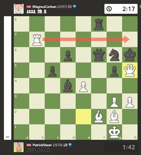 Jacorey Bynum offered his queen up as a sacrifice, which Carlsen could not avoid. The rook would then move in for the kill. (Screengrab via Chess.com)