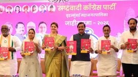 Leaders of the NCP (Ajit Pawar) release the party’s manifesto for the Brihanmumbai Municipal Corporation elections in Mumbai on Tuesday. Express photos by Akash patil