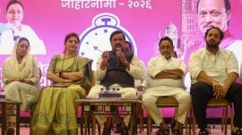 Leaders of the NCP (Ajit Pawar) release the party’s manifesto for the Brihanmumbai Municipal Corporation elections in Mumbai on Tuesday. Express photos by Akash patil 07-01-2025