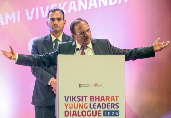 National Security Advisor Ajit Doval speaks during the opening ceremony of the Viksit Bharat Young Leaders Dialogue at Bharat Mandapam, in New Delhi on Saturday. (Ministry of Youth Affairs and Sports/ANI Video Grab)
