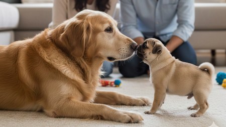 Older pet dog being introduced to a new pet
