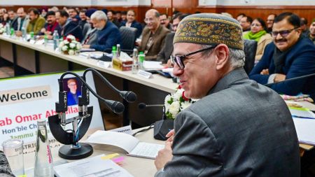 **EDS: THIRD PARTY IMAGE** In this image posted on Jan. 12, 2026, Jammu and Kashmir Chief Minister Omar Abdullah chairs a review meeting with cabinet ministers, advisors and legislators, in Jammu. (@CM_JnK/X via PTI Photo)(PTI01_12_2026_000367B)
