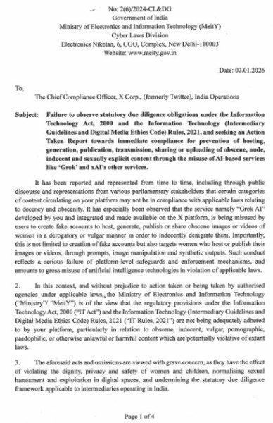 Copy of the notice filed by MeitY Friday to social media platform X. (Source: PTI)