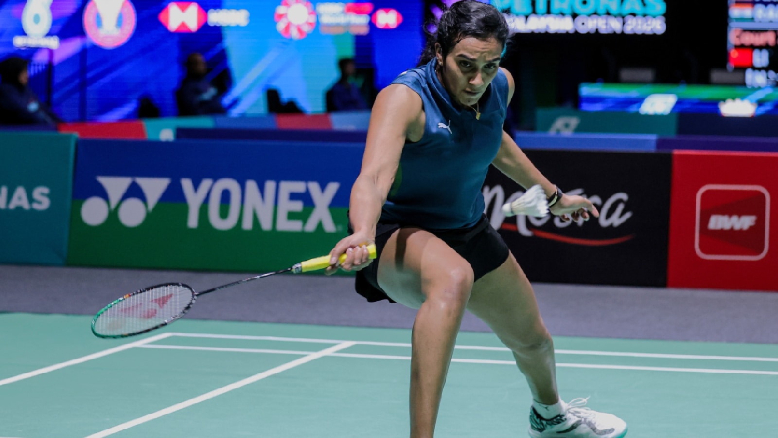 PV Sindhu in action during the Round of 16 at the Malaysia Open 2026 badminton tournament. (Photo: Badminton Photo)