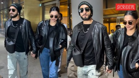 Ranveer Singh and Deepika Padukone twin in leather jackets as they return to Mumbai