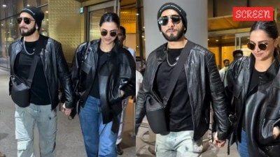 Ranveer Singh and Deepika Padukone twin in leather jackets as they return to Mumbai