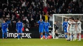 Real Madrid players react after Albacete scored its second goal during the Copa del Rey round of 16 soccer match between Albacete and Real Madrid, in Albacete. (AP Photo)